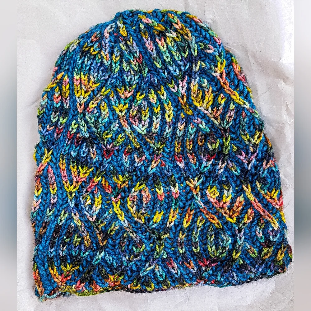 Knit Hat Warm Hand Dyed Soft Wool Green Multicolor Striped Brioche Stocking Cap - Picture 1 of 13